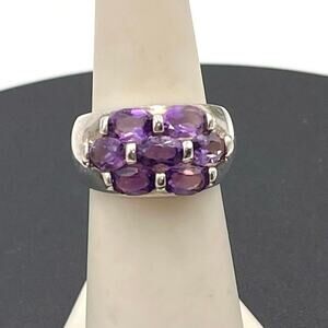 Signed‎ Sterling Silver 925 Purple Amethyst Cluster Brick Step Ring Size 6 3/4